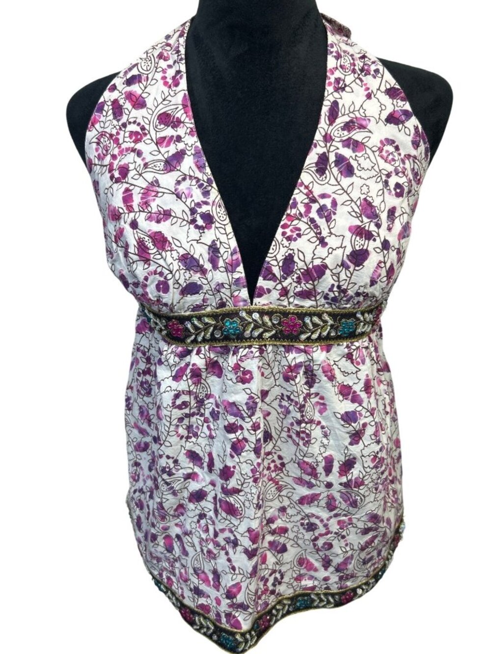 Y2K Floral Babydoll Halter Top Junior's L Beaded Embellished Waist Festival NWT